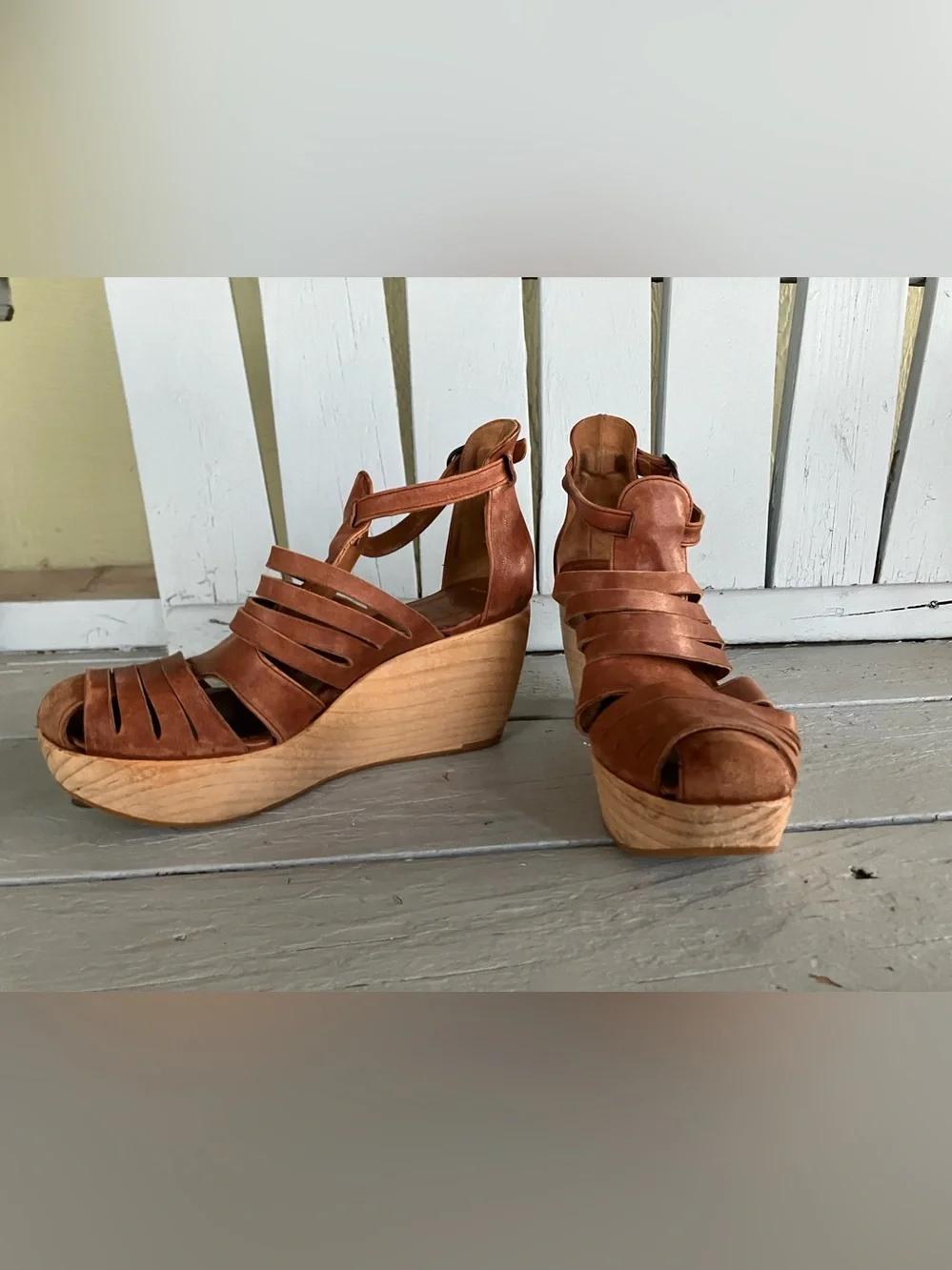 COCLICO Soft Brown Leather Strappy Wedge Sandals Wood Clog
